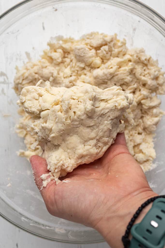 Holding a gently squeezed portion of pie crust dough showing it holds it shape.