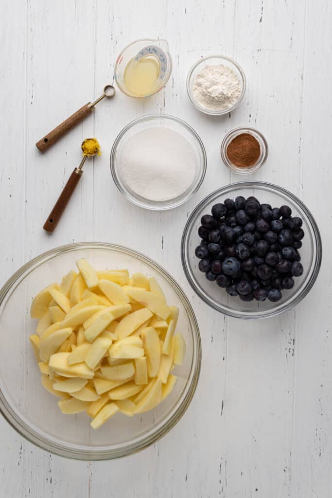 Ingredients for blueberry apple pie.