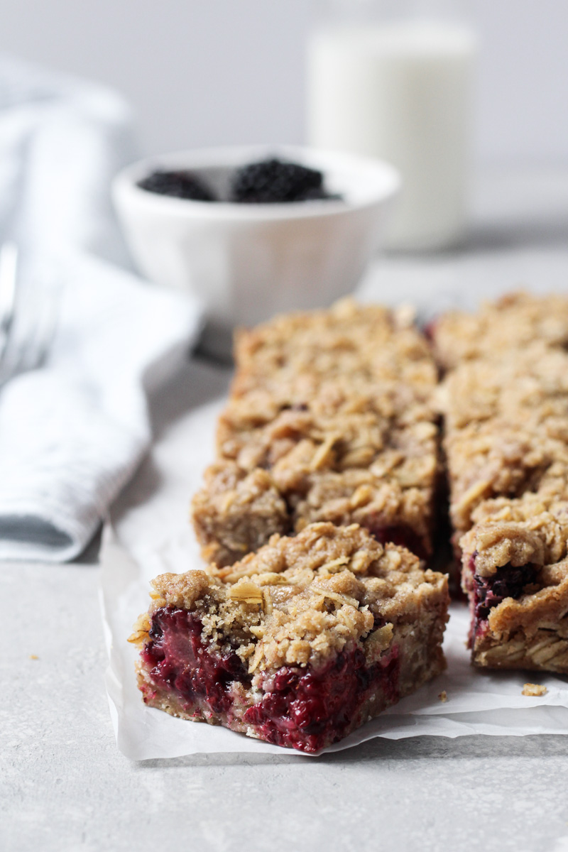 Blackberry bars with oat crumble topping cut into squares.