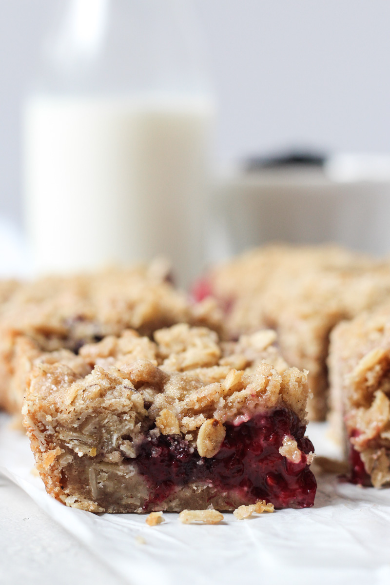 Close up of blackberry bars with crumble topping cut into squares.