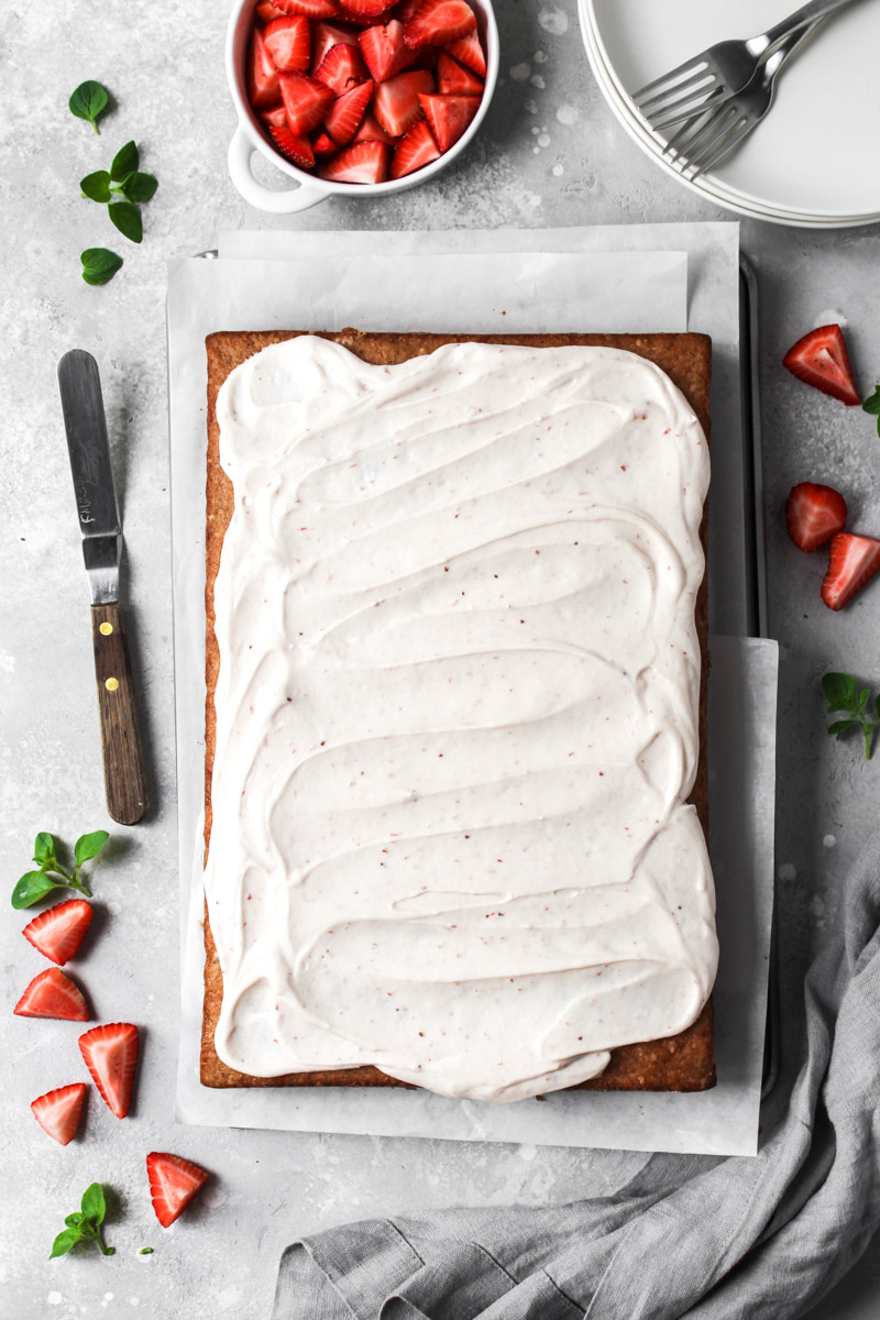 Fresh strawberry sheet cake with strawberry cream cheese frosting