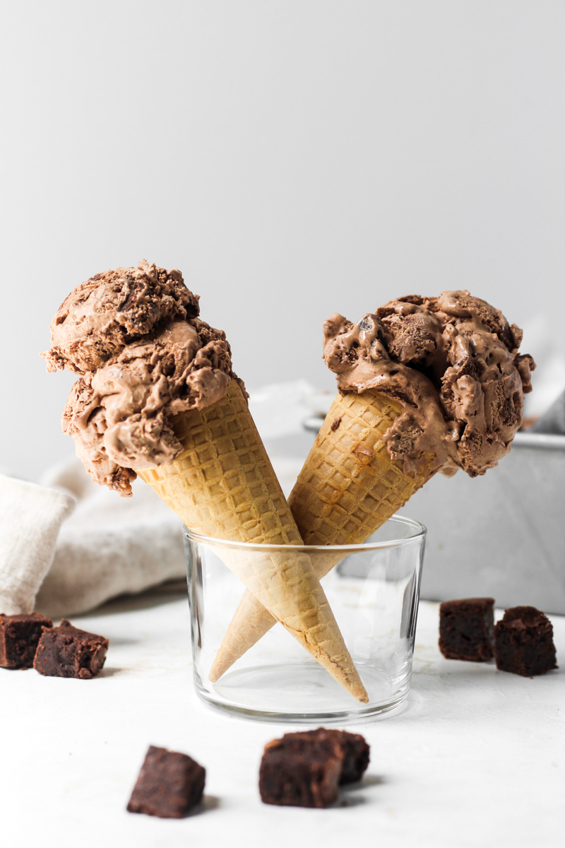 Two cones of No Churn Chocolate Brownie Ice Cream