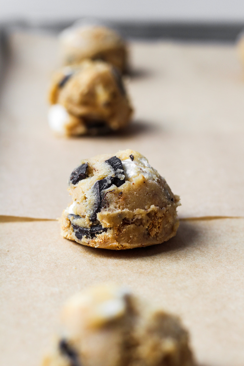 S'mores cookie dough balls on baking sheet