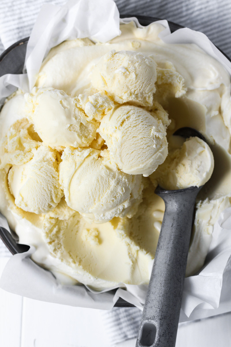 Bowl of homemade vanilla ice cream.