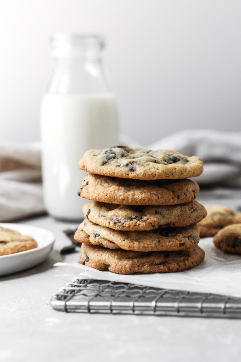 Stack of chocolate chip cookies.
