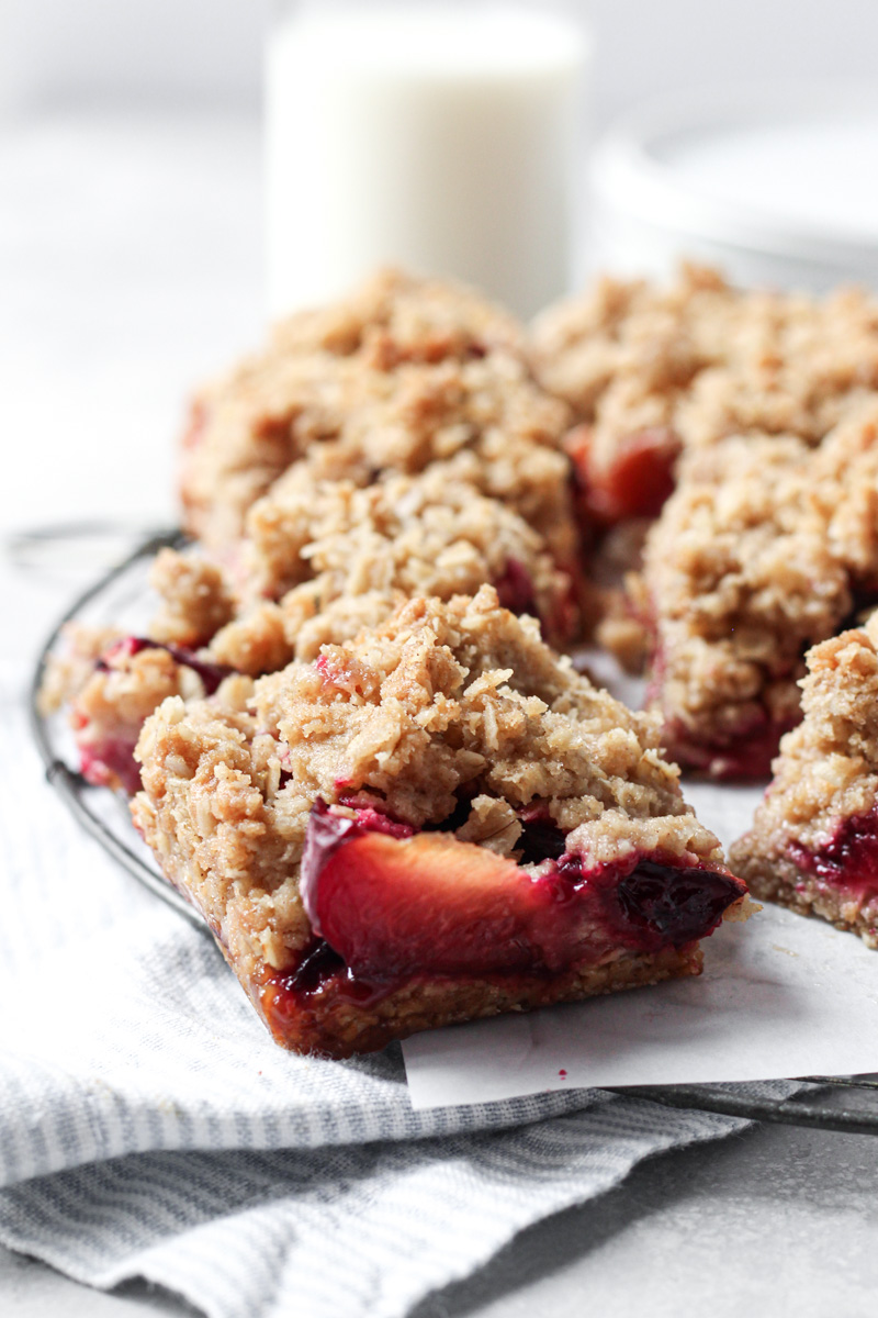 Plum bars cut into squares.