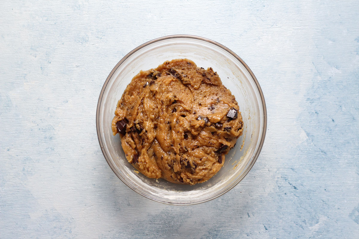 Glass bowl of cookie butter cookie dough.