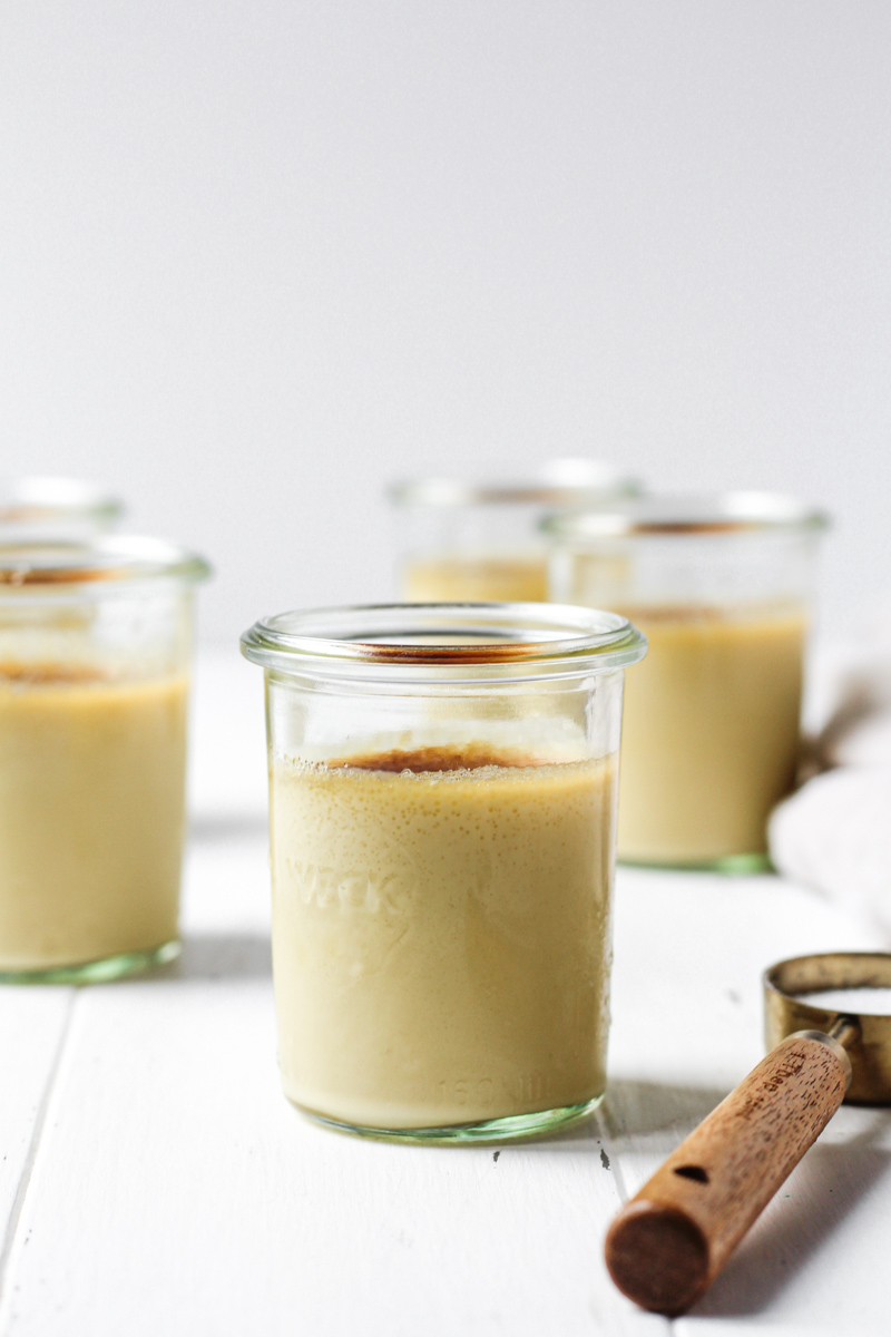 Glass jars of maple creme brulee.