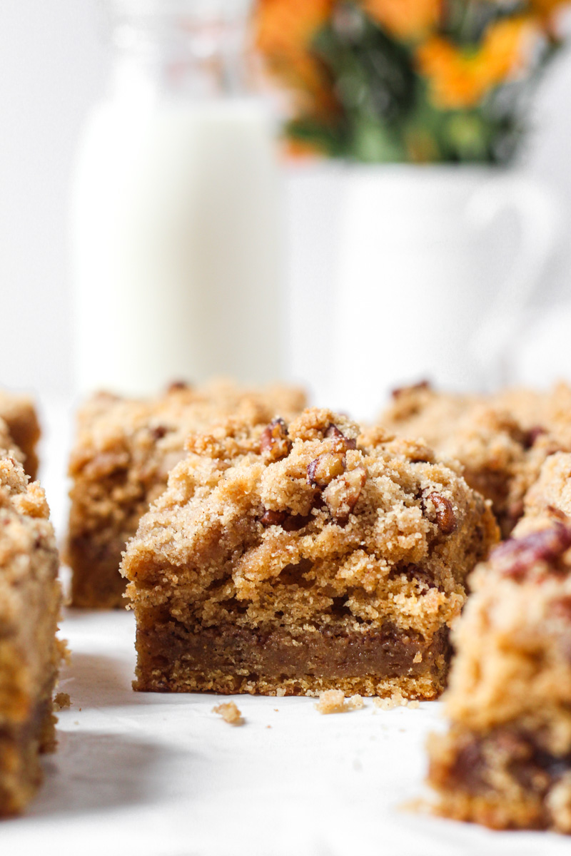 Close up of a sClose up of a slice of coffee cake with sweet potato, spiced brown sugar filling, and streusel topping.lice of sweet potato coffee cake with spiced brown sugar filling and streusel topping.