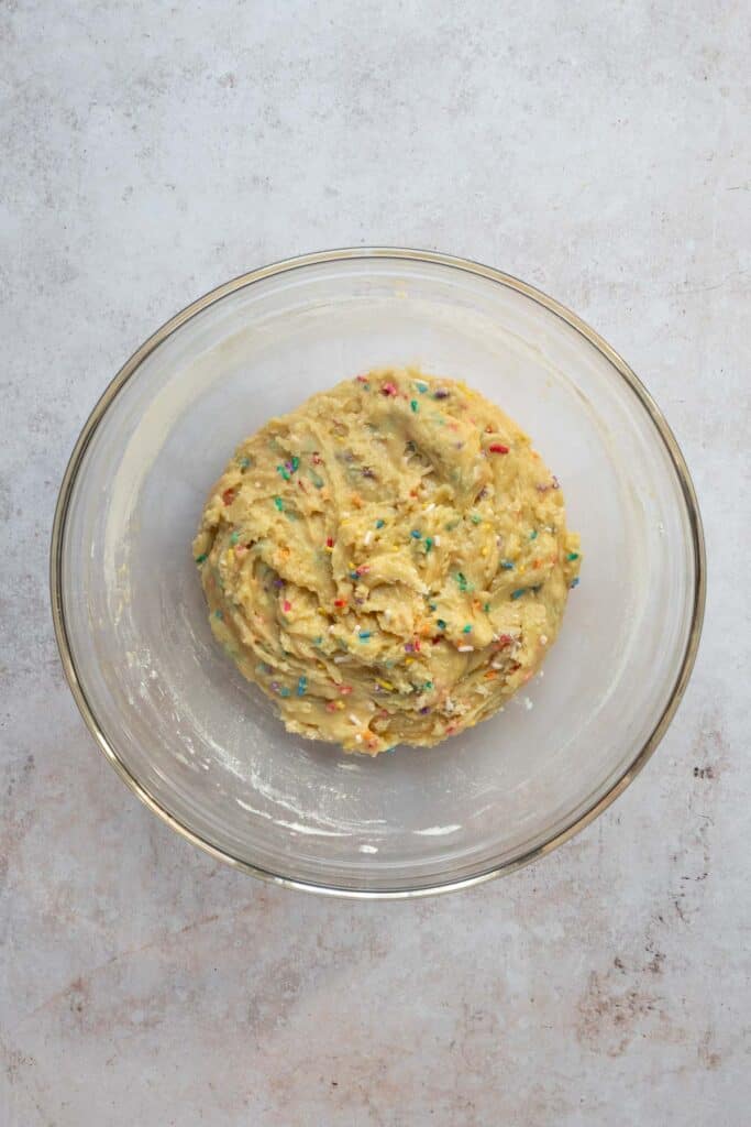 Mixing bowl with funfetti cookie dough.