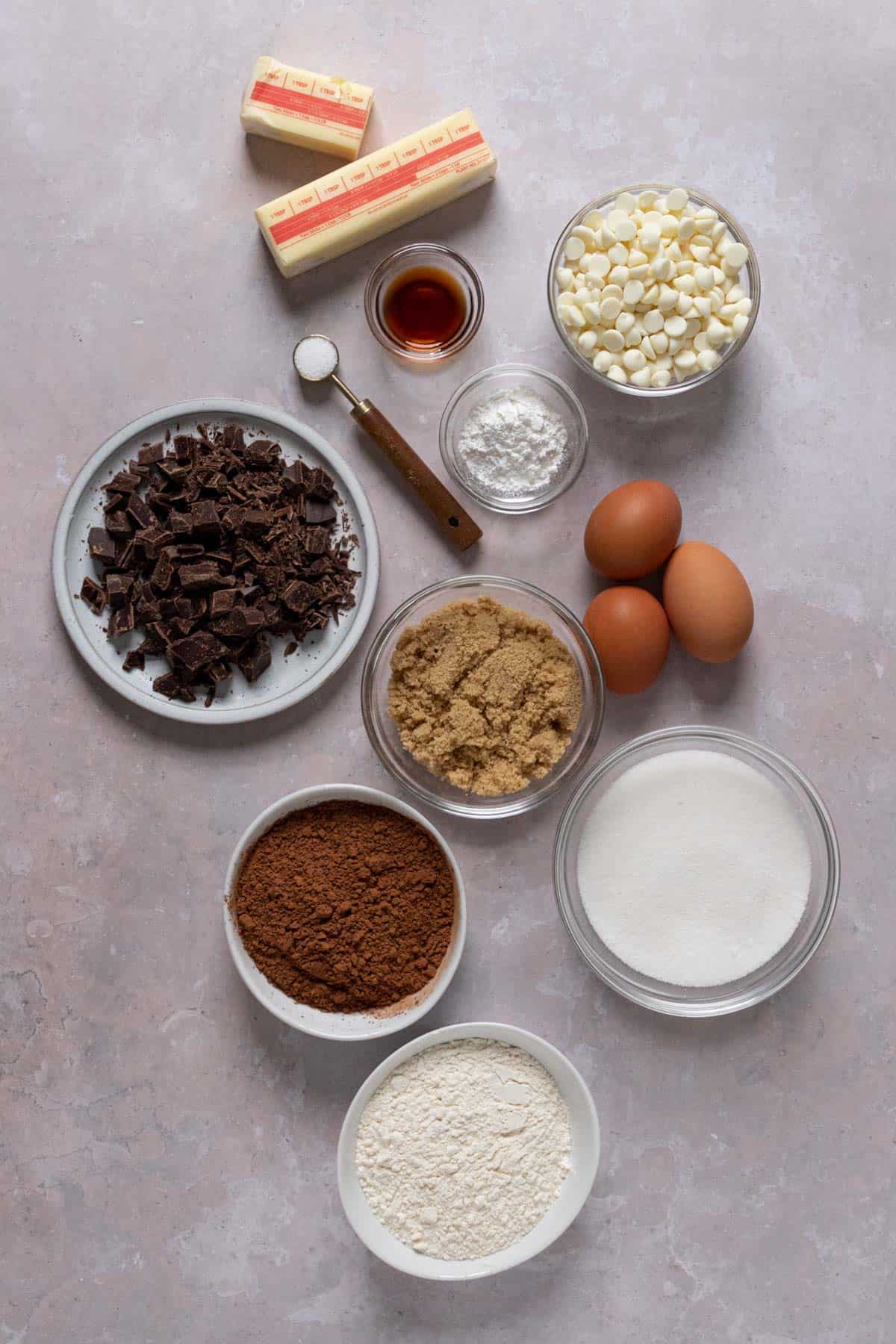 Ingredients for white chocolate brownies.