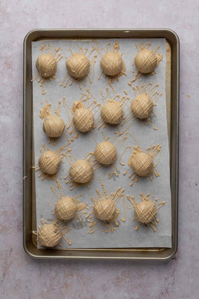 Biscoff truffles coated in white chocolate cookie butter mixture on a sheet pan.