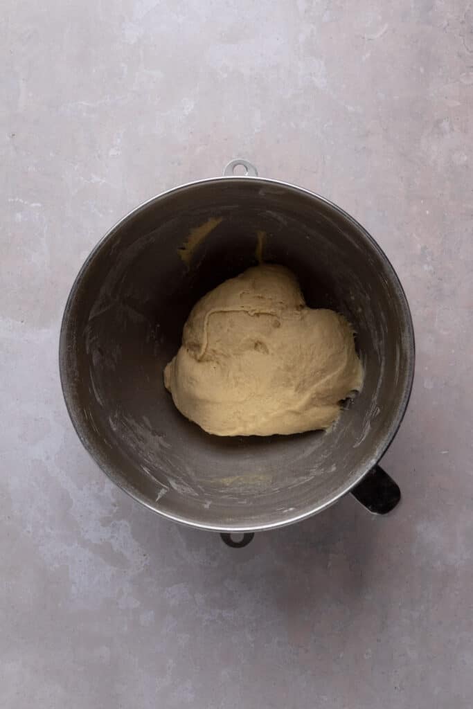 Brioche dough mixed for 5 minutes.