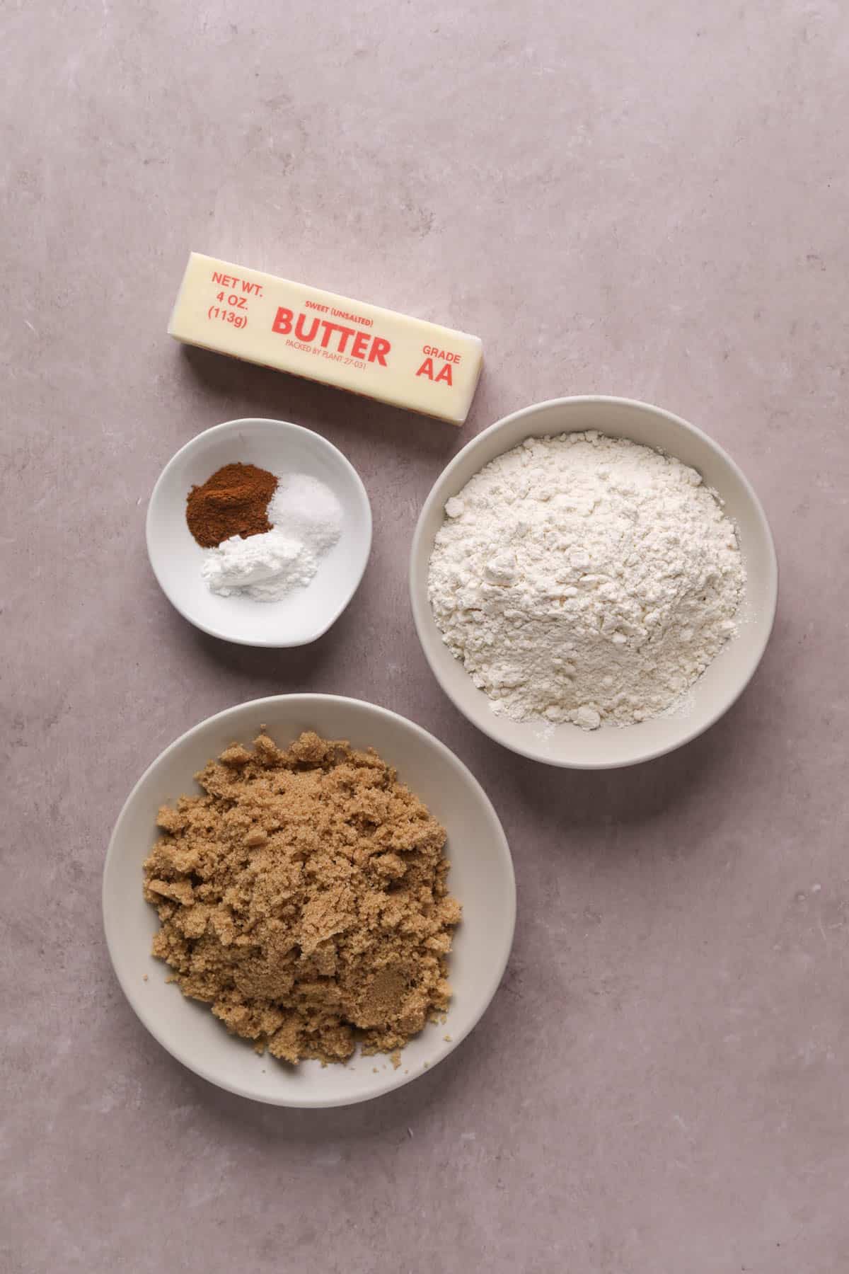 Bowls of ingredients for crumble topping.