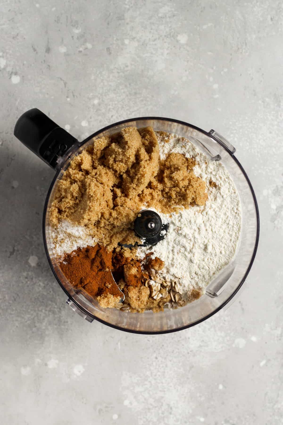 Crust and topping dry ingredients in a food processor.