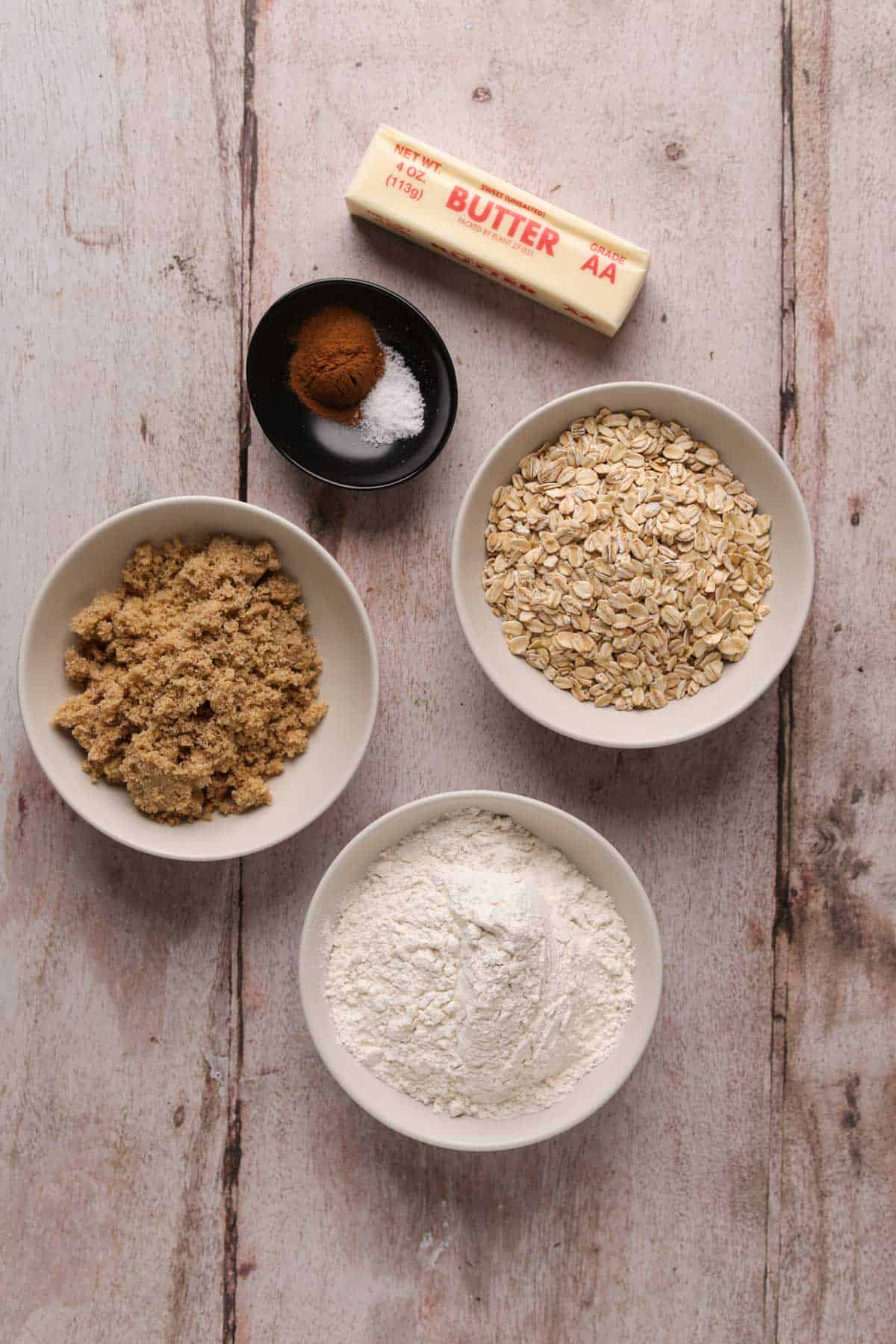 Ingredients for crisp topping in small bowls.