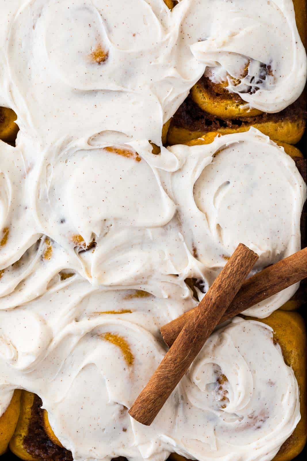 Close up of the tops of pumpkin cinnamon rolls with maple cream cheese frosting.