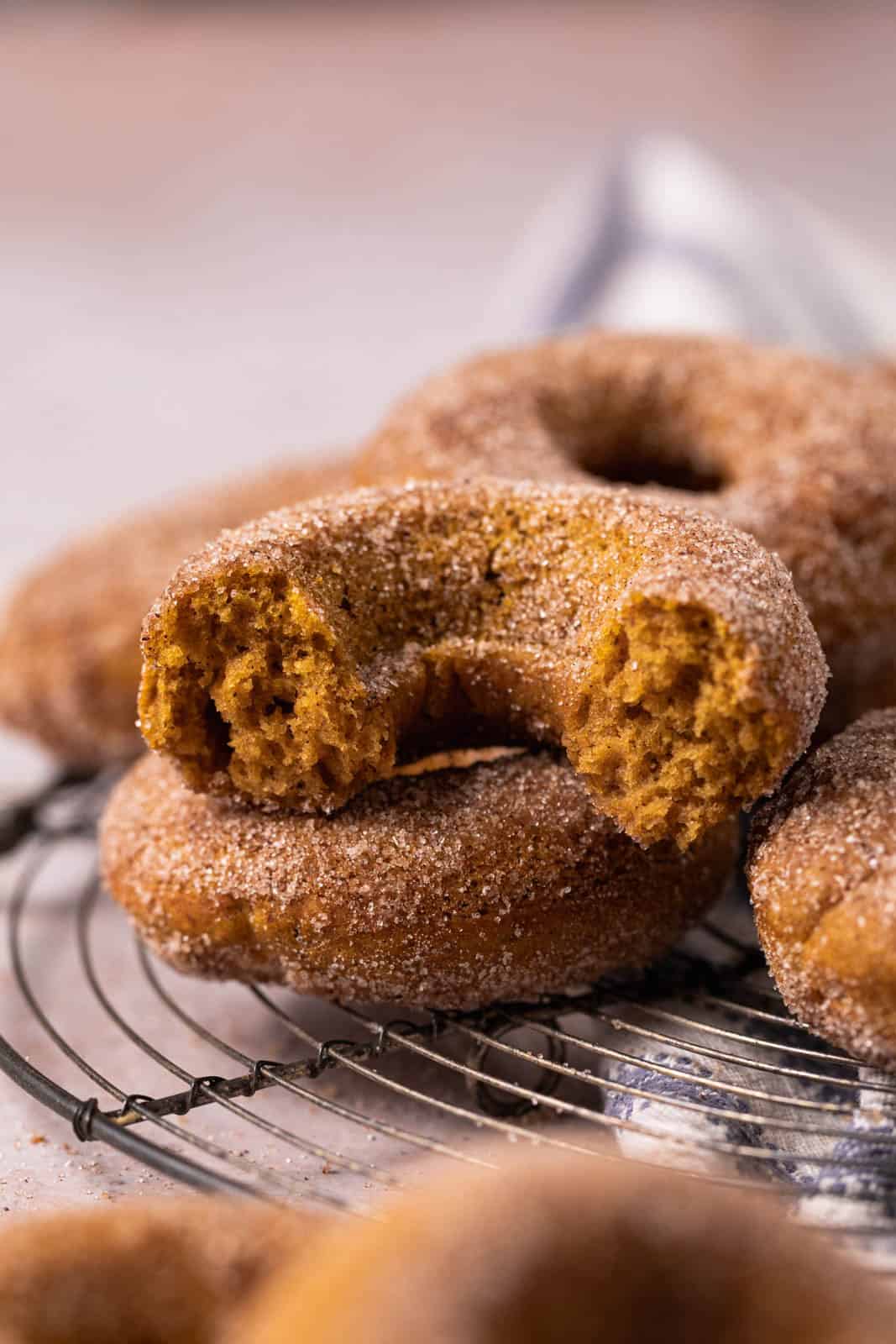 Close up of baked pumpkin donuts stacked on a round wire cooling rack with a half eaten donut.