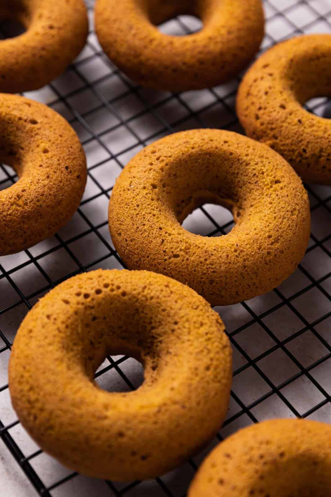 Close up of baked pumpkin donuts on a black wire cooling rack.