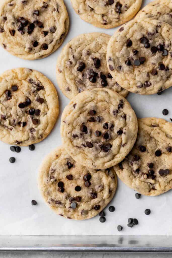 Chocolate chip sugar sugar cookies with mini chocolate chips arranged on a white parchment paper.